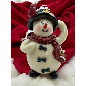 Vintage Snowman Christmas Figurine With Red Cardinal Bird Tophat Bowtie Buttons